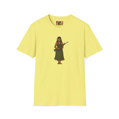 2-sided, Hula Girl Packin' Heat Light colors Unisex T-Shirt by theGreenDragonTavern.shop