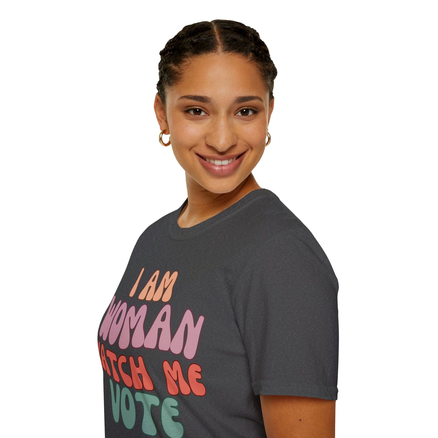 2-sided, I Am Woman Watch Me Vote Dark colors Unisex T-Shirt by theGreenDragonTavern.shop