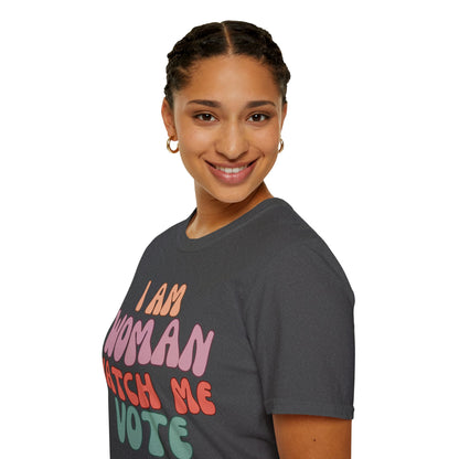 2-sided, I Am Woman Watch Me Vote Dark colors Unisex T-Shirt by theGreenDragonTavern.shop