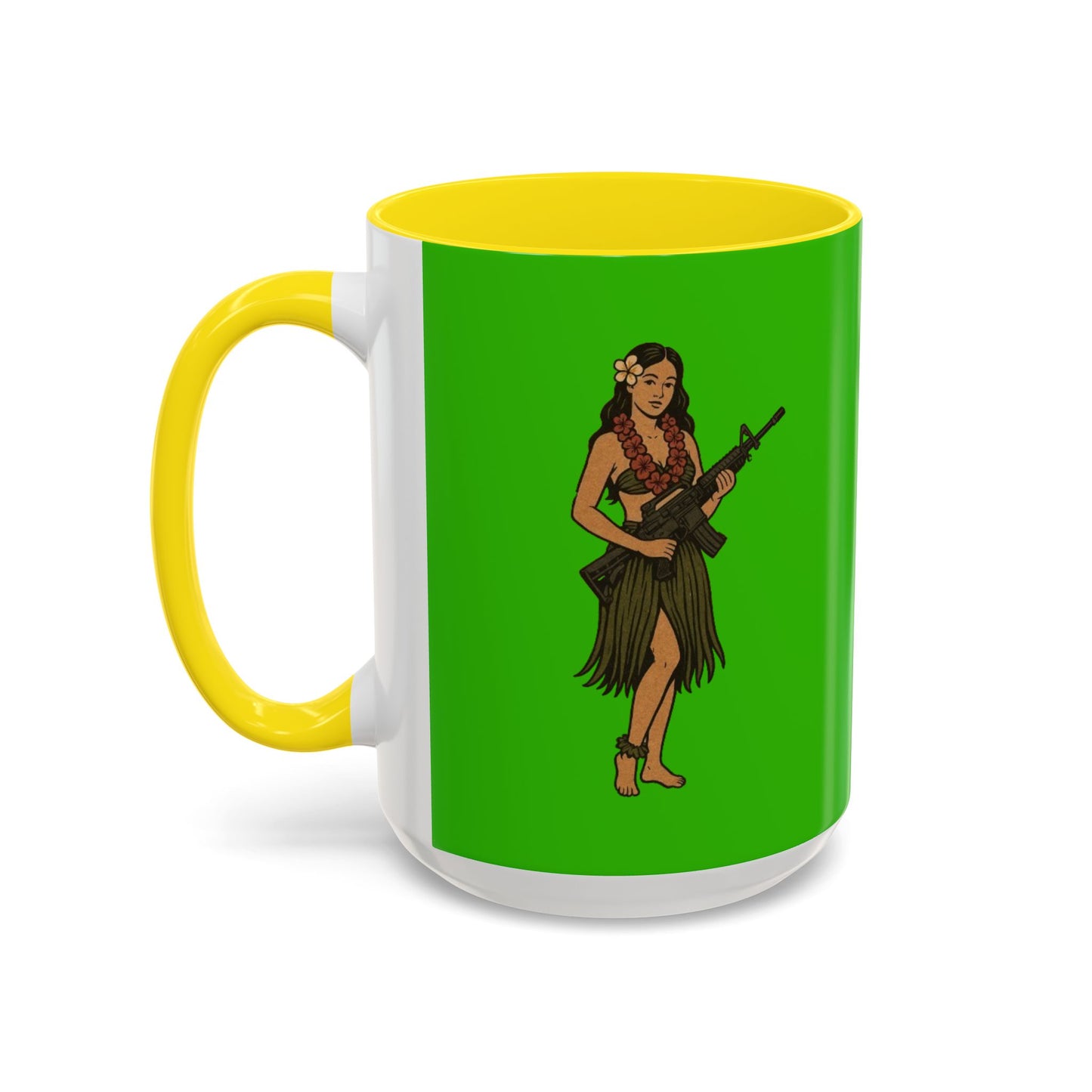 Hula Girl Packin' Heat Light Green Accent Mug by theGreenDragonTavern.shop