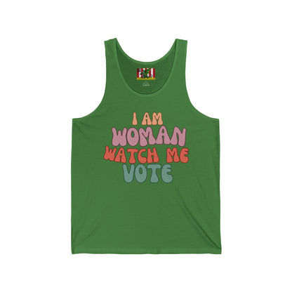 2-sided, I Am Woman Watch Me Vote Unisex Jersey Tank Top by theGreenDragonTavern.shop