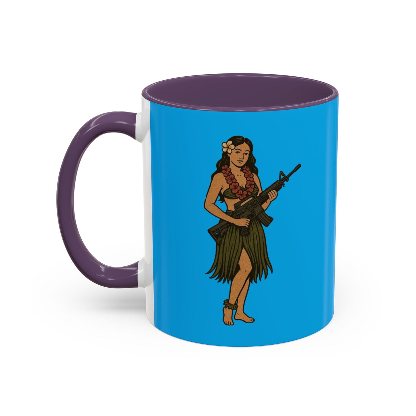 Hula Girl Packin' Heat Light Blue Accent Mug by theGreenDragonTavern.shop