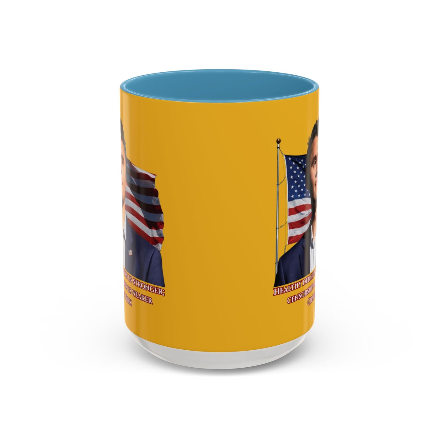 Charlie Kirk, Healthy Debate Yellow Accent Mug by theGreenDragonTavern.shop