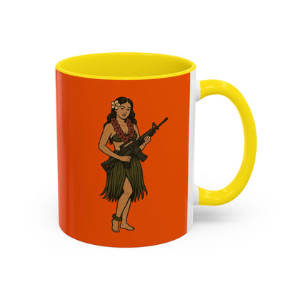 Hula Girl Packin' Heat Orange Accent Mug by theGreenDragonTavern.shop
