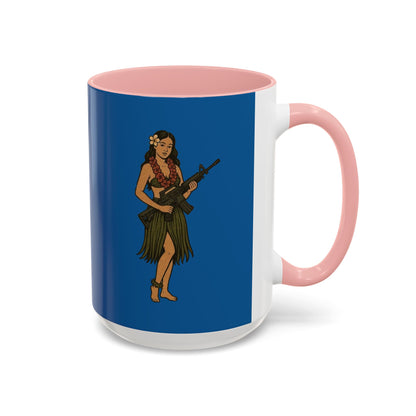 Hula Girl Packin' Heat Dark Blue Accent Mug by theGreenDragonTavern.shop