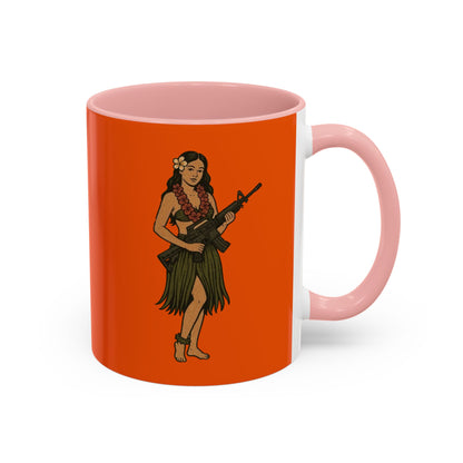 Hula Girl Packin' Heat Orange Accent Mug by theGreenDragonTavern.shop