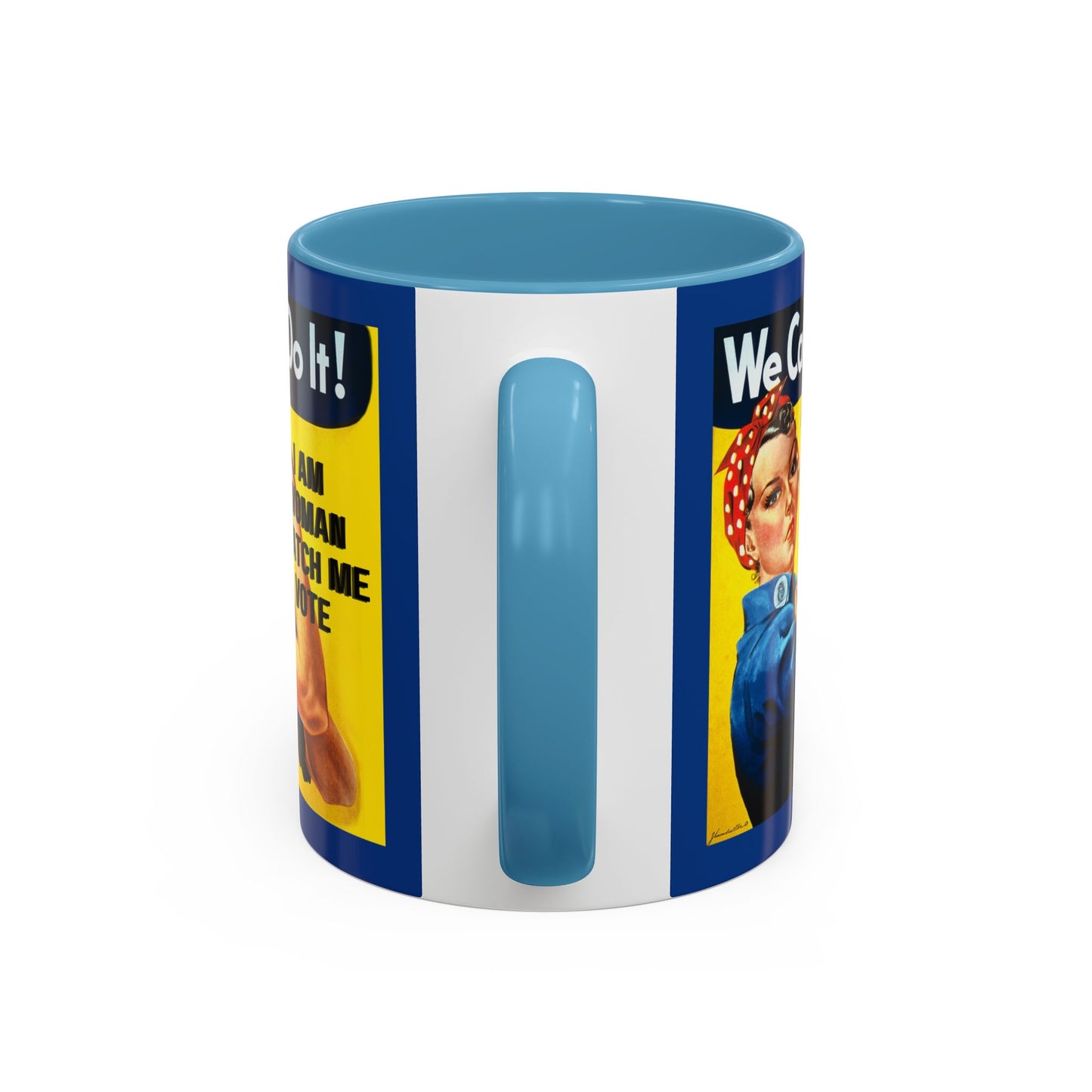 I Am Woman Watch Me Vote Rosie Dark Blue Accent Mug by theGreenDragonTavern.shop