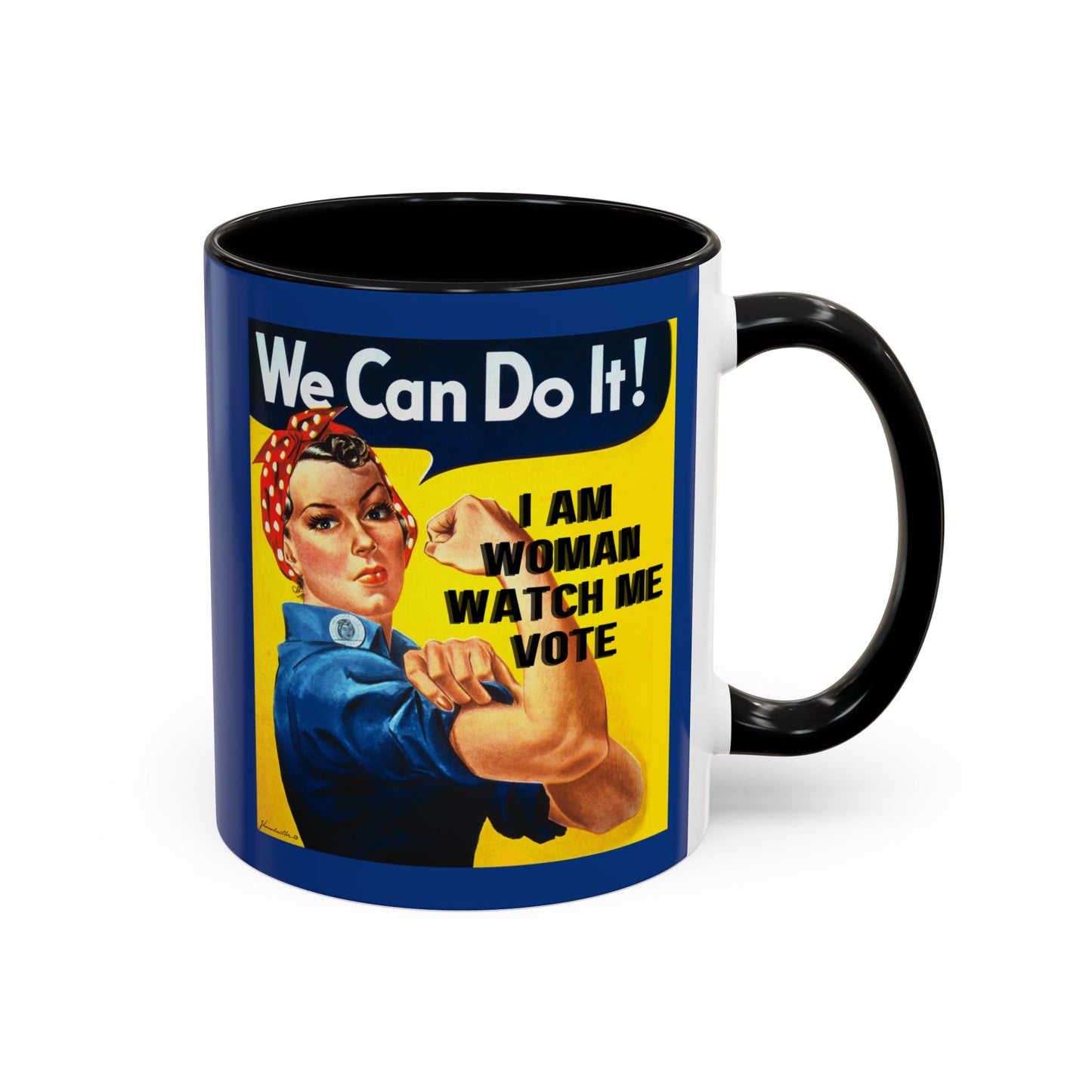 I Am Woman Watch Me Vote Rosie Dark Blue Accent Mug by theGreenDragonTavern.shop