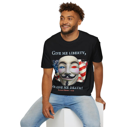 Vendetta, "Give me liberty, or give me death!" Dark colors Unisex T-Shirt by theGreenDragonTavern.shop