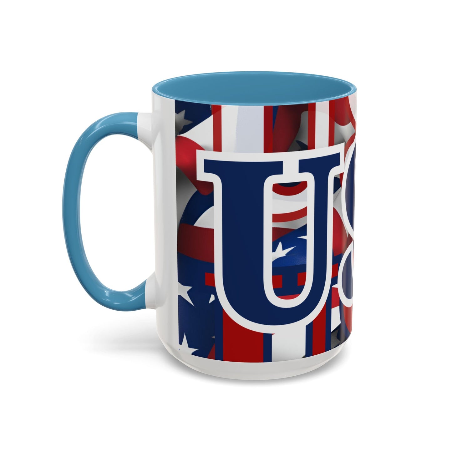 USA! USA! USA Blue font Patriot Blue Accent Mug by theGreenDragonTavern.shop