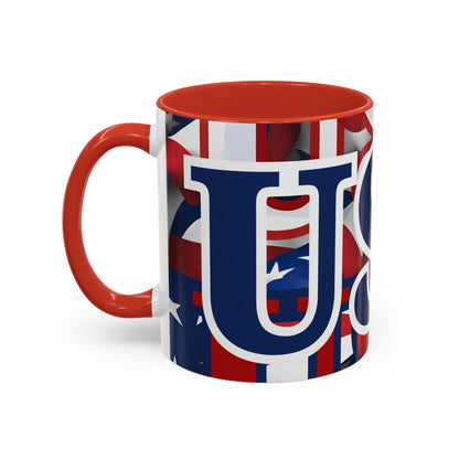USA! USA! USA Blue font Patriot White Accent Mug by theGreenDragonTavern.shop