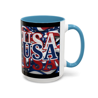 USA Blue font Center Patriot Black Accent Mug by theGreenDragonTavern.shop