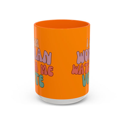 I Am Woman Watch Me Vote Orange Accent Mug by theGreenDragonTavern.shop