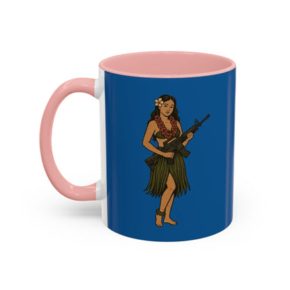 Hula Girl Packin' Heat Dark Blue Accent Mug by theGreenDragonTavern.shop