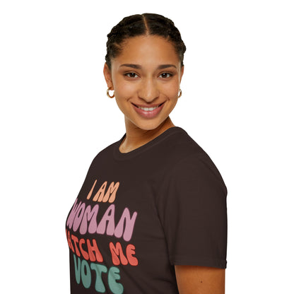 2-sided, I Am Woman Watch Me Vote Dark colors Unisex T-Shirt by theGreenDragonTavern.shop