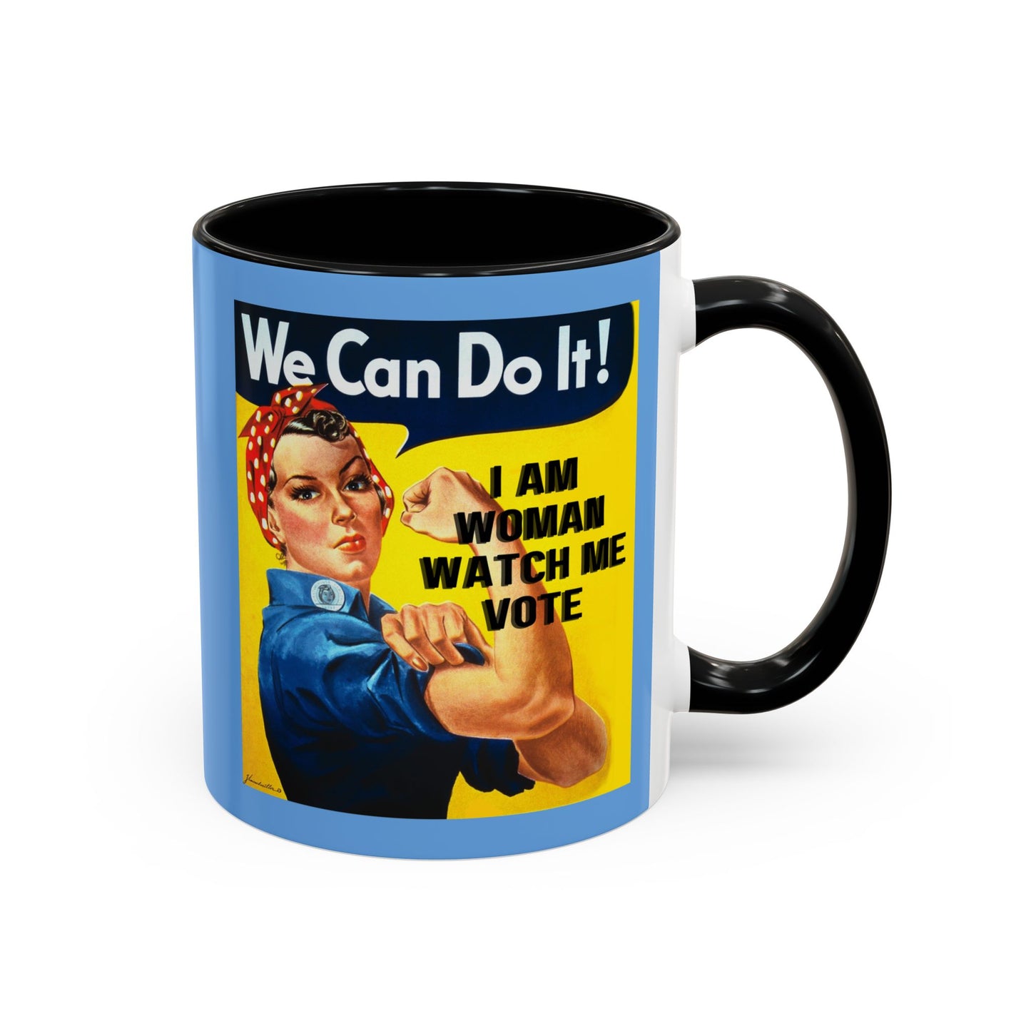 I Am Woman Watch Me Vote Rosie Light Blue Accent Mug by theGreenDragonTavern.shop