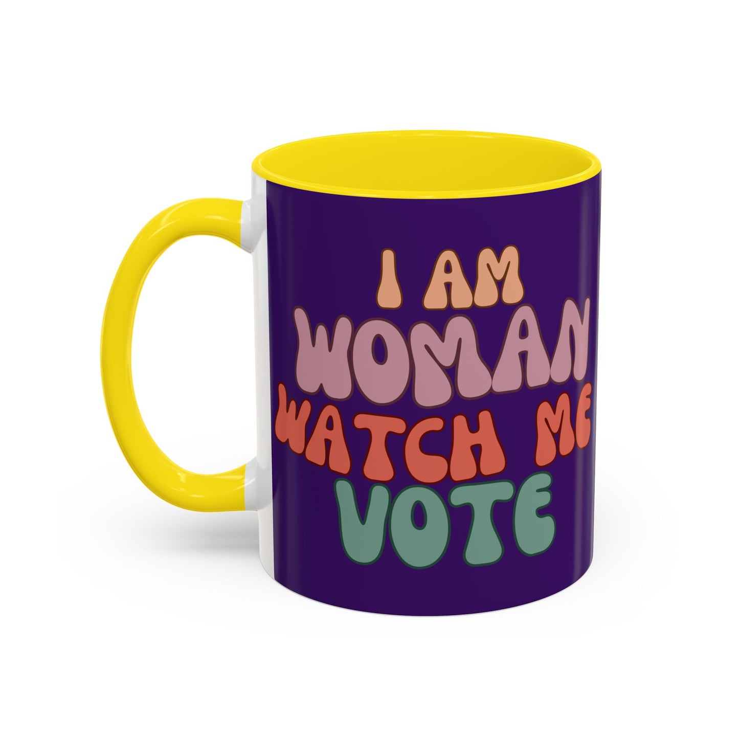 I Am Woman Watch Me Vote Dark Purple Accent Mug by theGreenDragonTavern.shop
