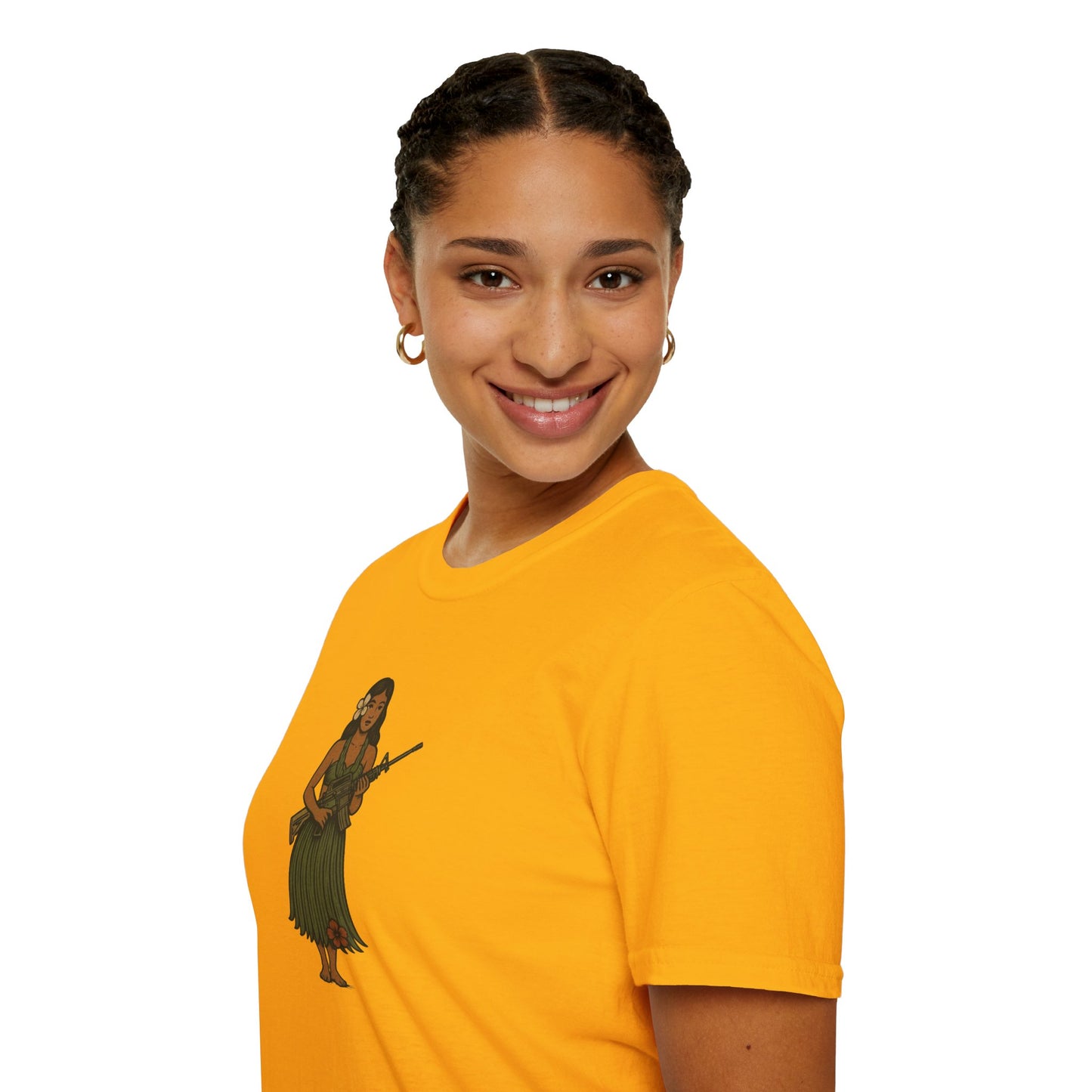 2-sided, Hula Girl Packin' Heat Light colors Unisex T-Shirt by theGreenDragonTavern.shop