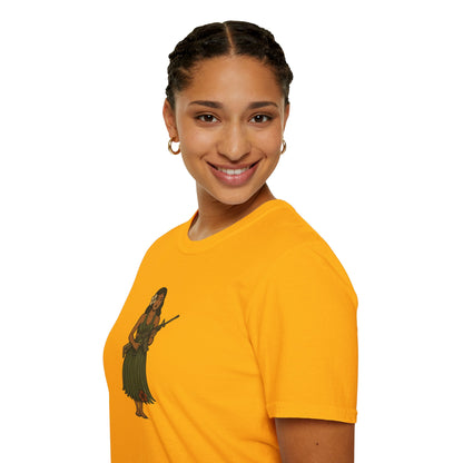 2-sided, Hula Girl Packin' Heat Light colors Unisex T-Shirt by theGreenDragonTavern.shop