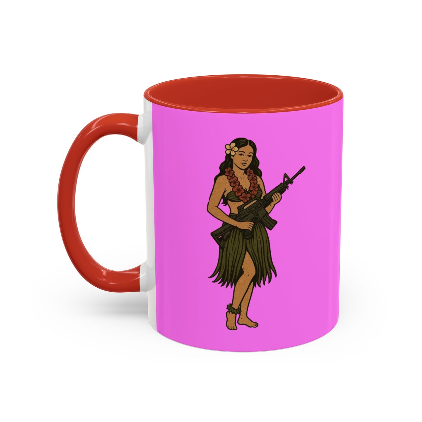 Hula Girl Packin' Heat Pink Accent Mug by theGreenDragonTavern.shop