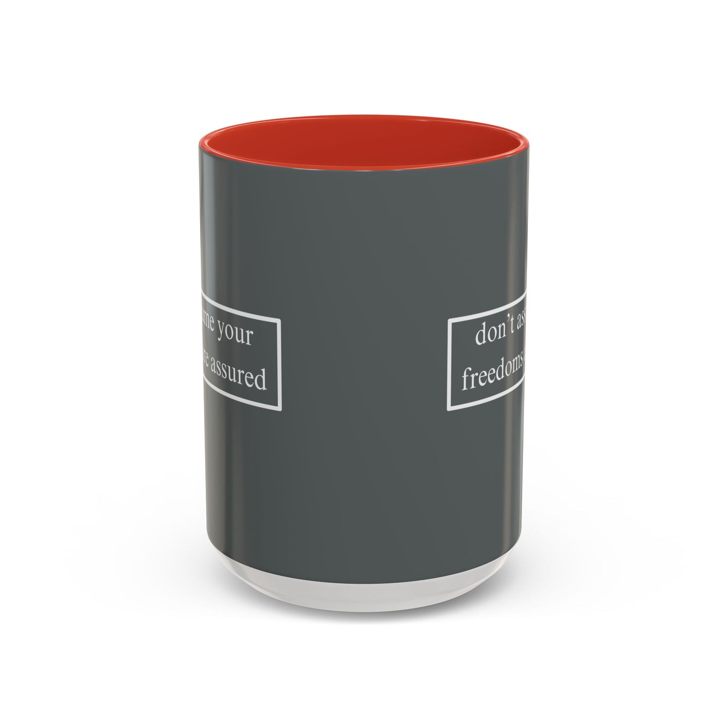 don't assume your freedoms are assured White font Grey Accent Mug by theGreenDragonTavern.shop