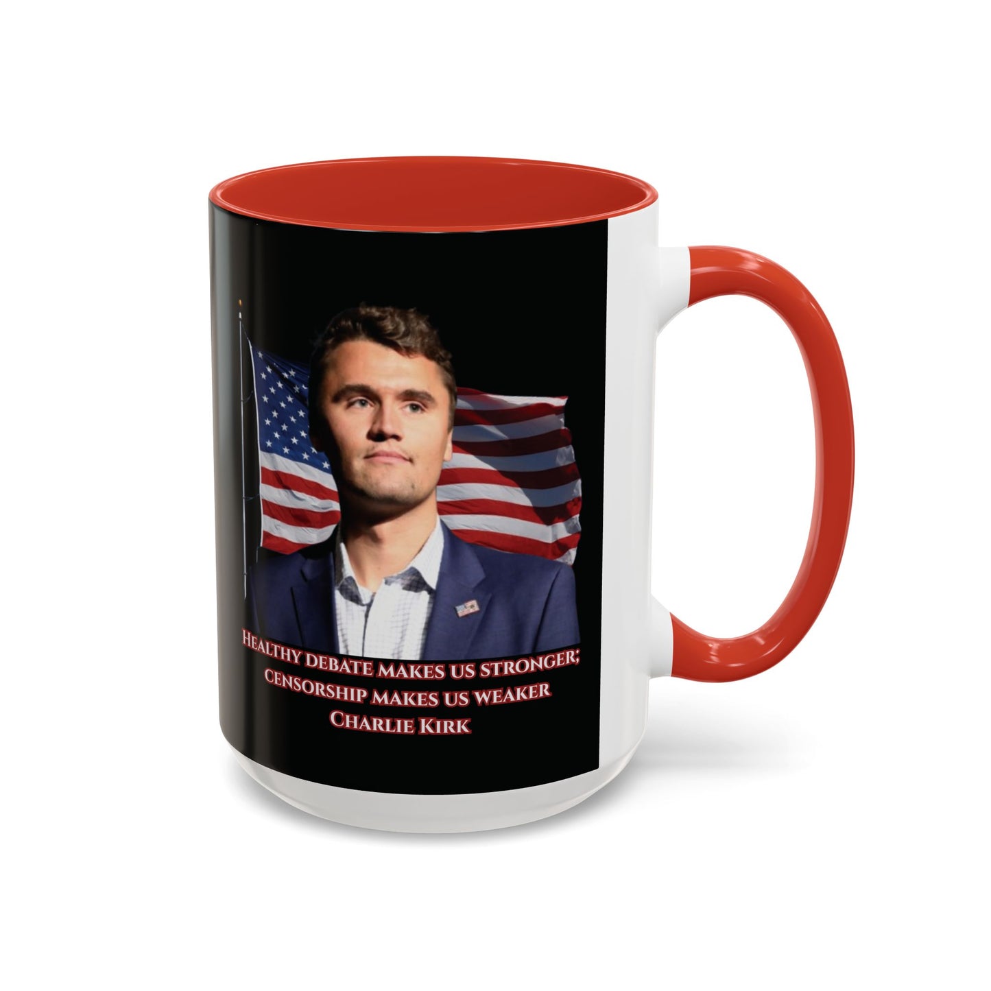 Charlie Kirk, Healthy Debate Black Accent Mug by theGreenDragonTavern.shop