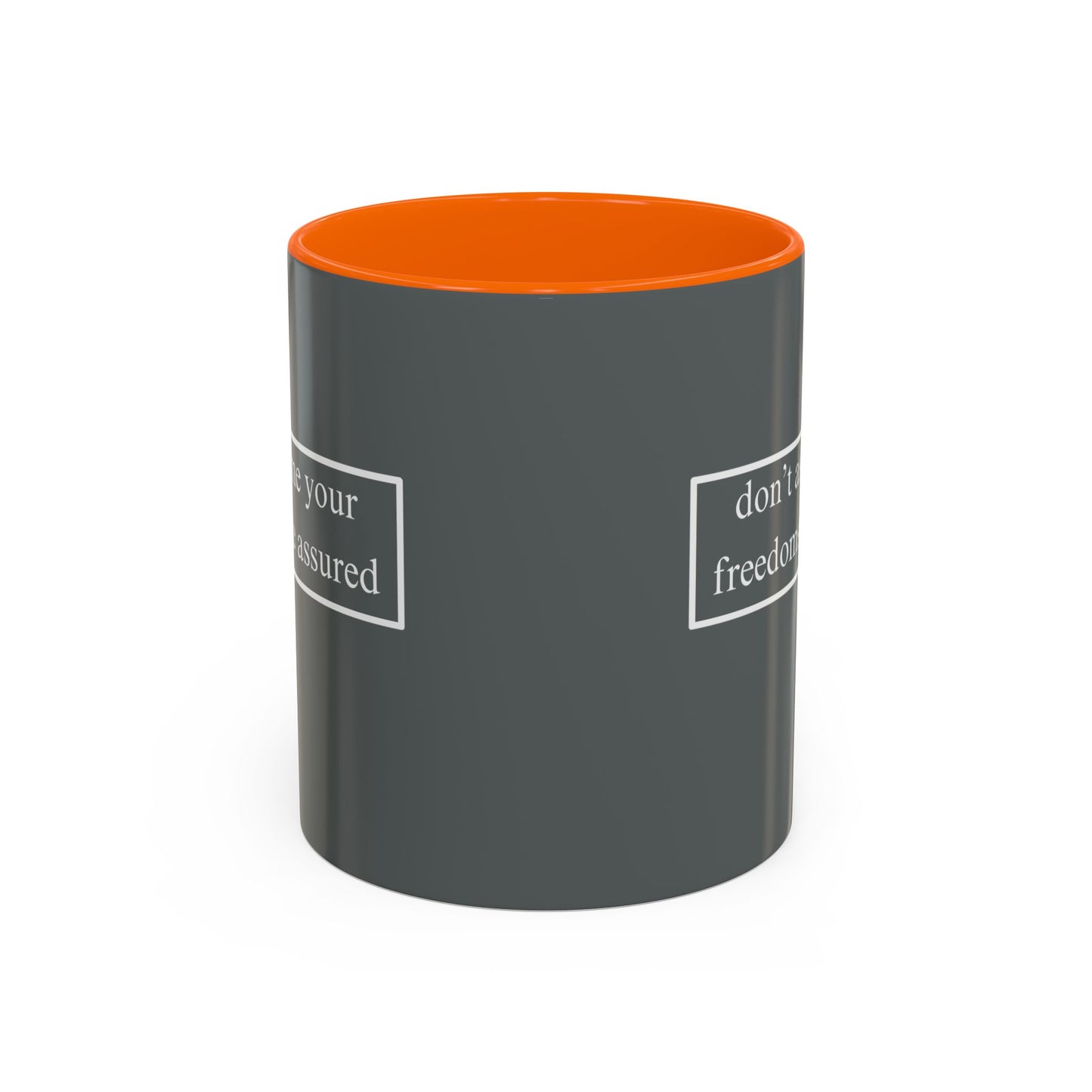 don't assume your freedoms are assured White font Grey Accent Mug by theGreenDragonTavern.shop