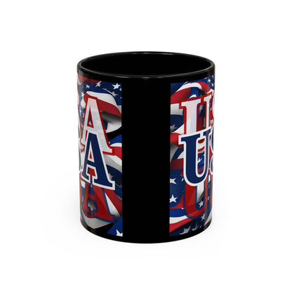 USA Blue font Center Patriot Black Accent Mug by theGreenDragonTavern.shop
