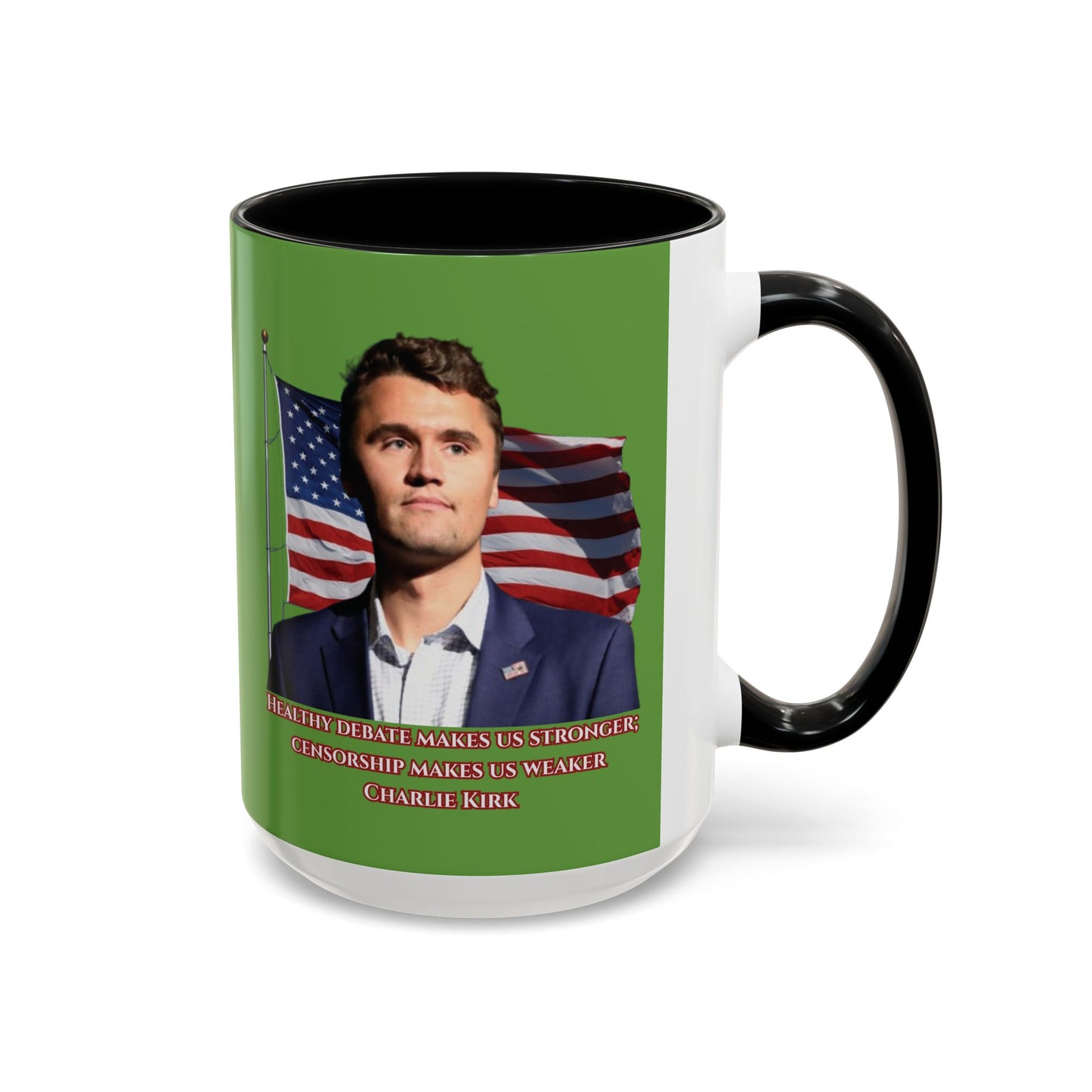 Charlie Kirk, Healthy Debate Green Accent Mug by theGreenDragonTavern.shop