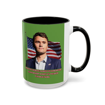 Charlie Kirk, Healthy Debate Green Accent Mug by theGreenDragonTavern.shop