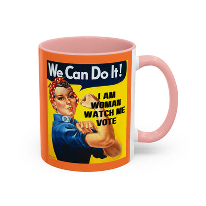 I Am Woman Watch Me Vote Rosie Orange Accent Mug by theGreenDragonTavern.shop