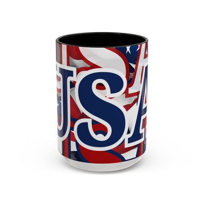USA! USA! USA Blue font Patriot White Accent Mug by theGreenDragonTavern.shop