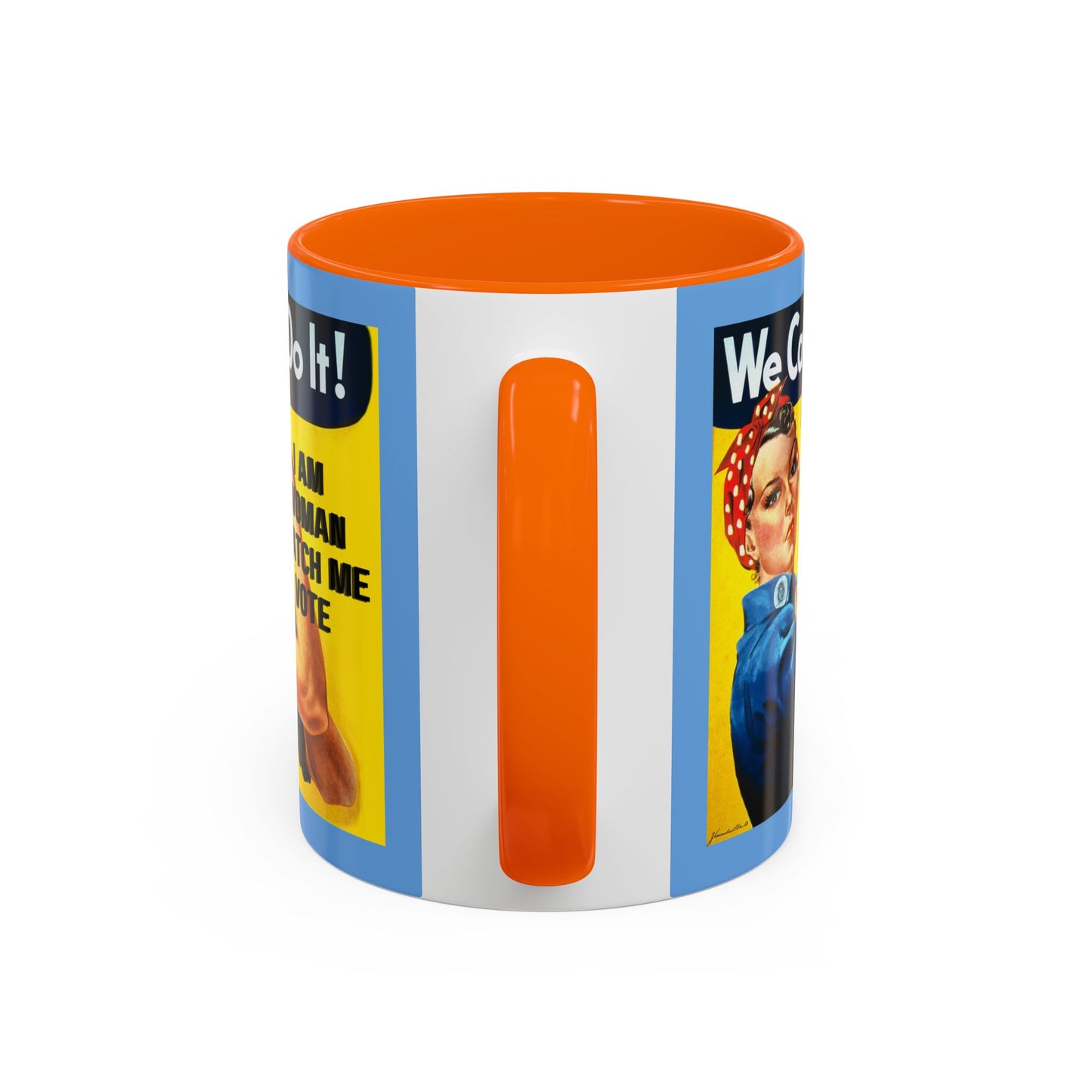 I Am Woman Watch Me Vote Rosie Light Blue Accent Mug by theGreenDragonTavern.shop