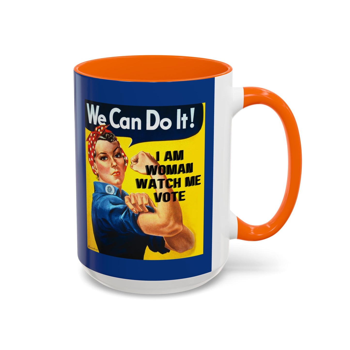 I Am Woman Watch Me Vote Rosie Dark Blue Accent Mug by theGreenDragonTavern.shop