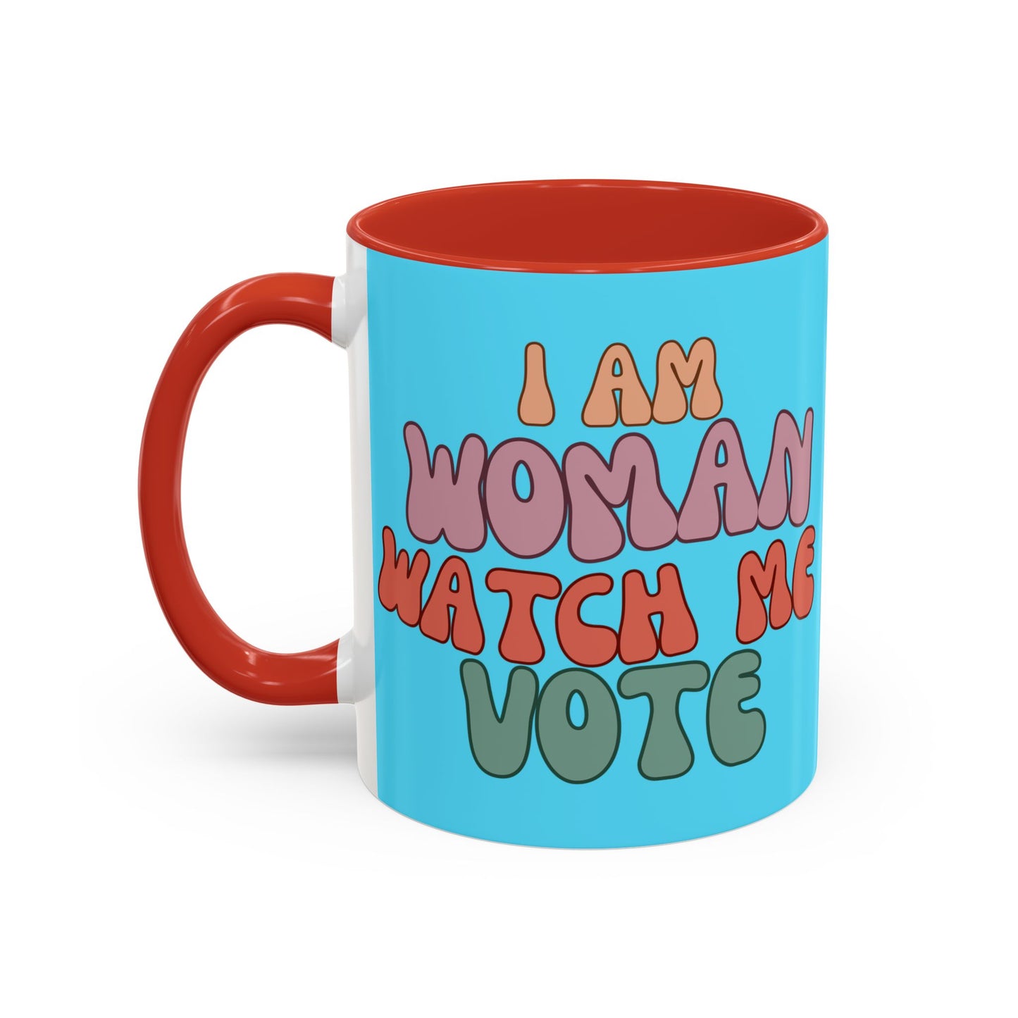 I Am Woman Watch Me Vote Light Blue Accent Mug by theGreenDragonTavern.shop