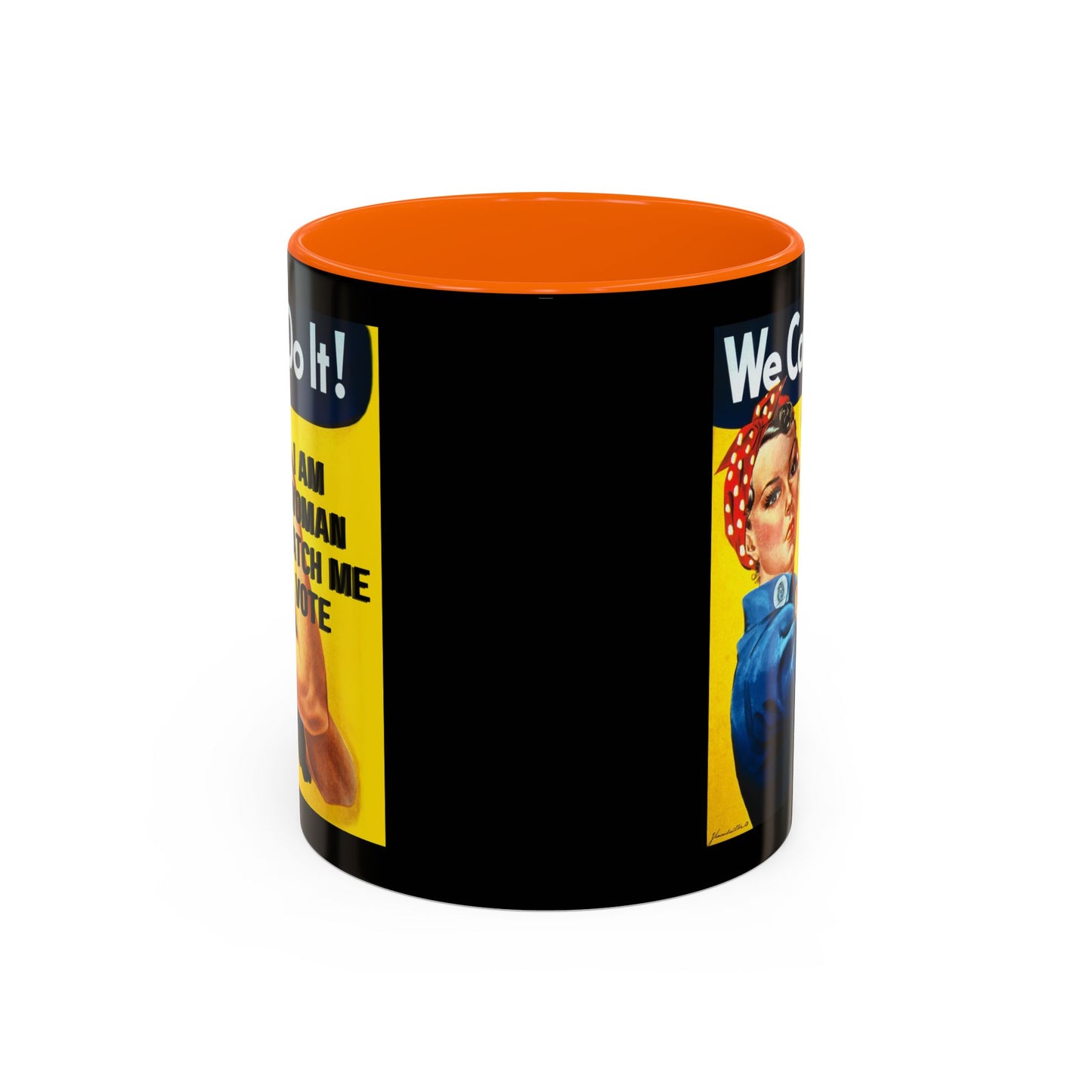 I Am Woman Watch Me Vote Rosie Black Accent Mug by theGreenDragonTavern.shop