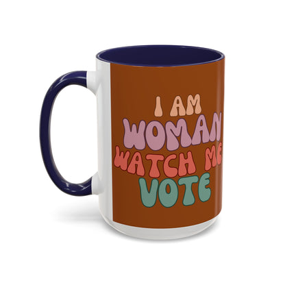 I Am Woman Watch Me Vote Brown Accent Mug by theGreenDragonTavern.shop