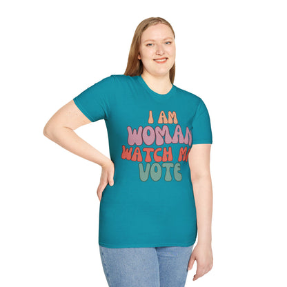 I Am Woman Watch Me Vote Dark colors Unisex T-Shirt by theGreenDragonTavern.shop