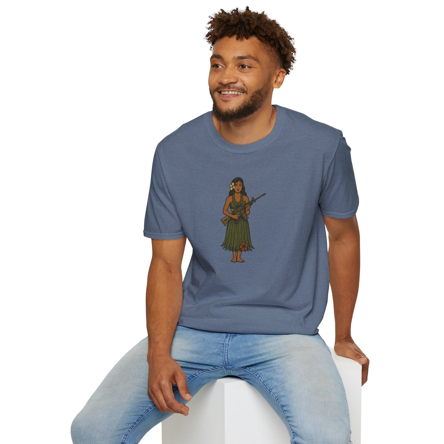 2-sided, Hula Girl Packin' Heat Dark colors Unisex T-Shirt by theGreenDragonTavern.shop