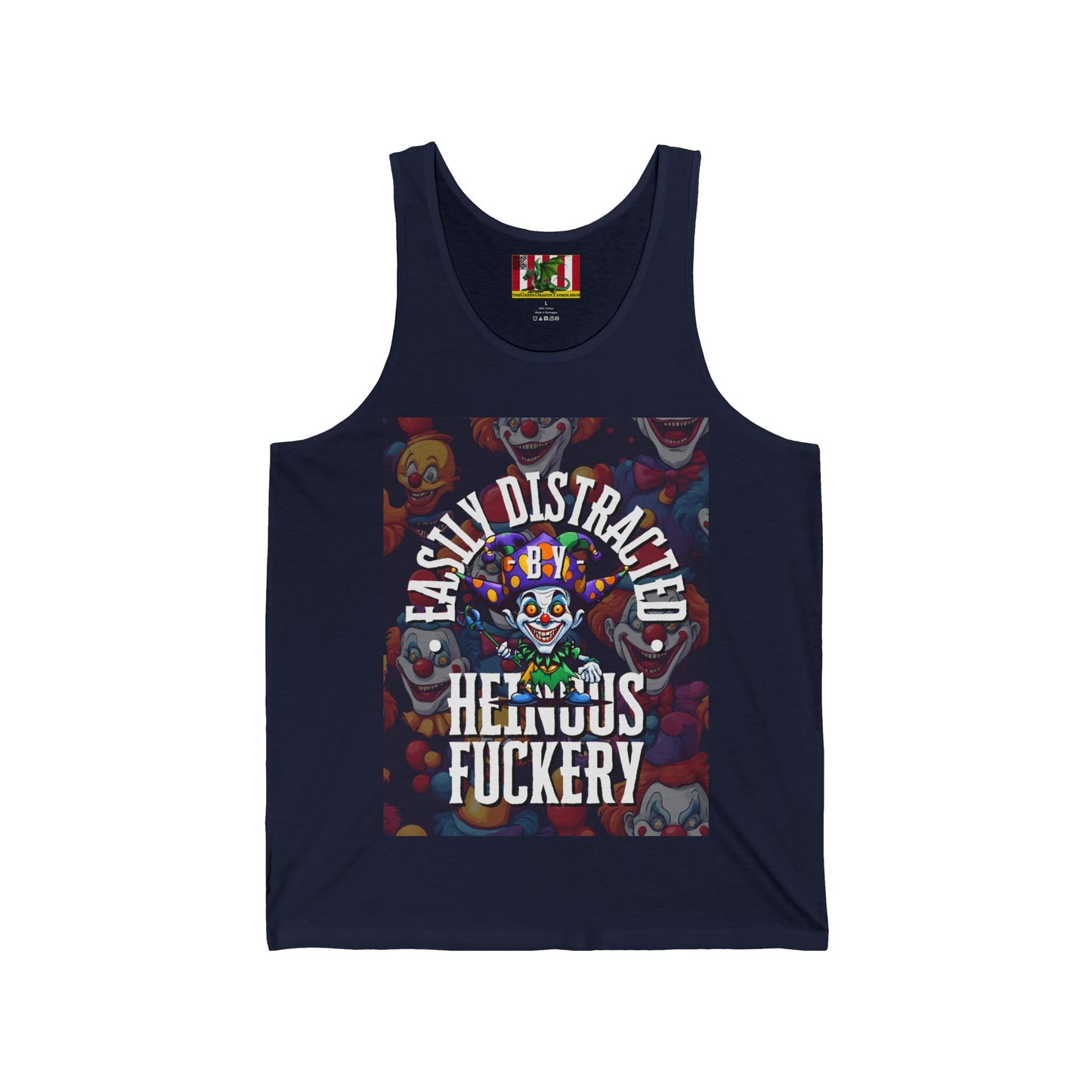 Easily Distracted by Heinous Fuckery Little Jincs Unisex Jersey Tank Top by theGreenDragonTavern.shop