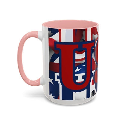 USA! USA! USA Red font Patriot White Accent Mug by theGreenDragonTavern.shop