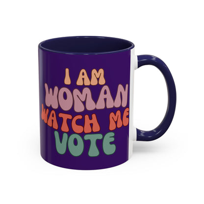 I Am Woman Watch Me Vote Dark Purple Accent Mug by theGreenDragonTavern.shop