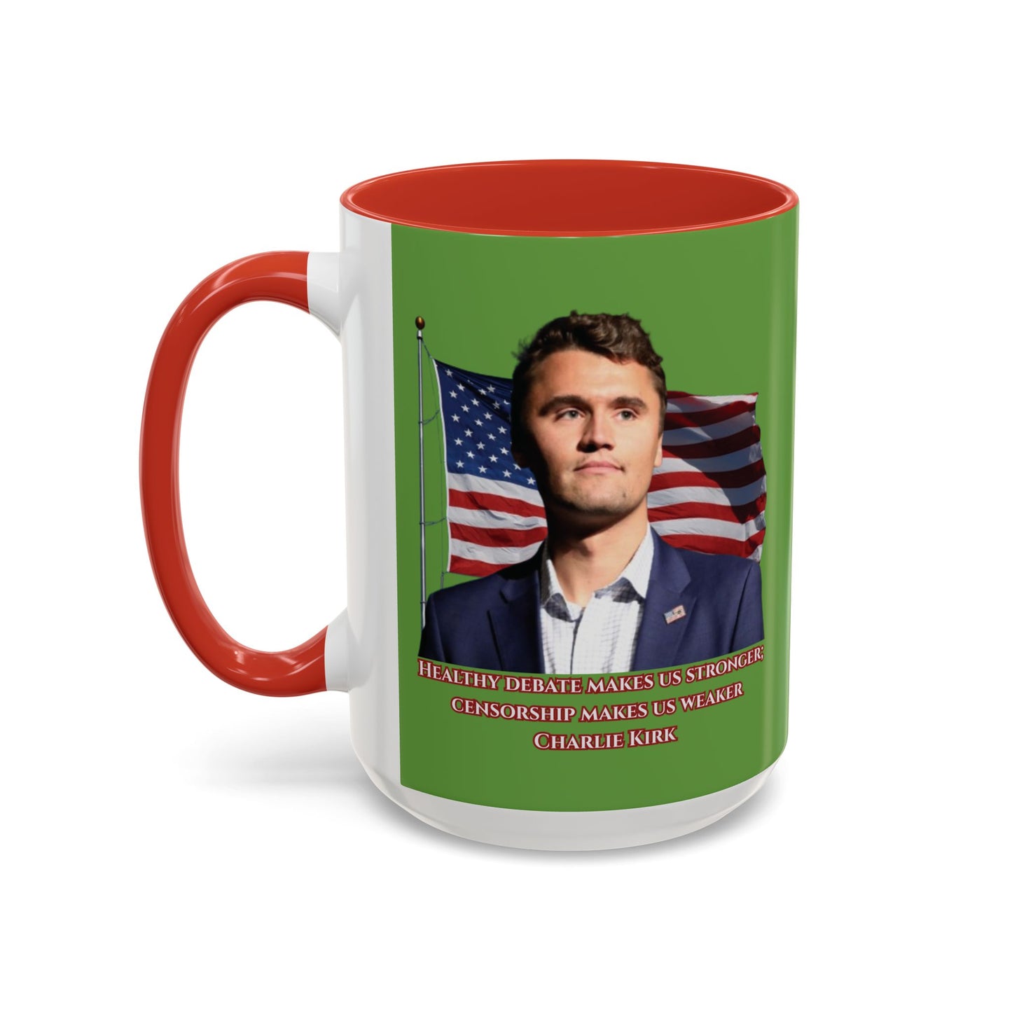 Charlie Kirk, Healthy Debate Green Accent Mug by theGreenDragonTavern.shop