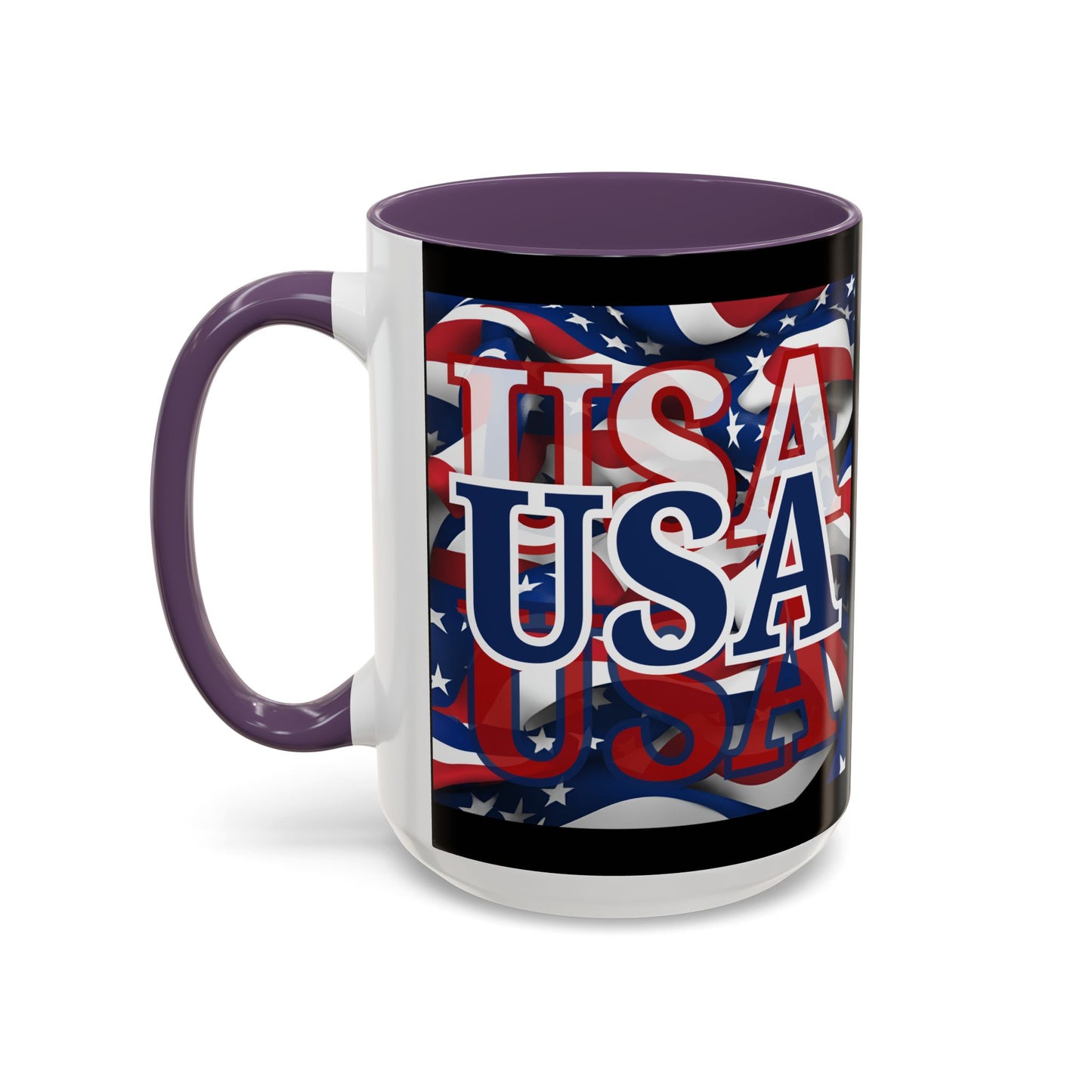USA Blue font Center Patriot Black Accent Mug by theGreenDragonTavern.shop