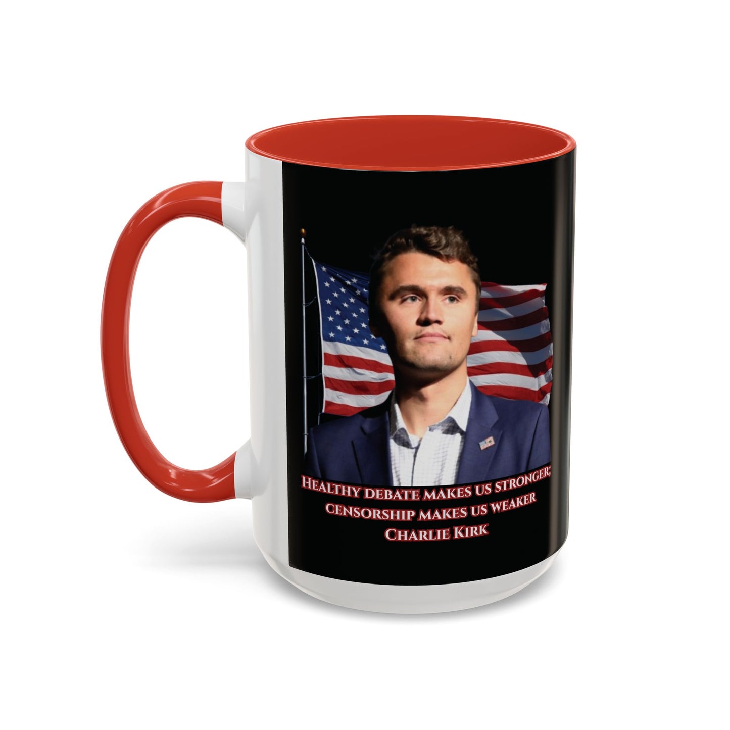 Charlie Kirk, Healthy Debate Black Accent Mug by theGreenDragonTavern.shop