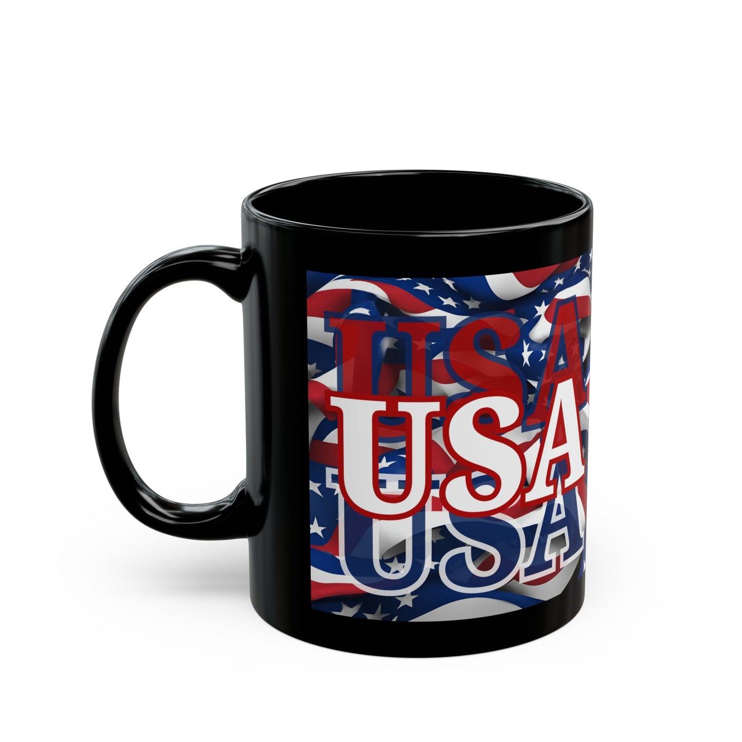 USA White font Center Patriot Black Mug by theGreenDragonTavern.shop
