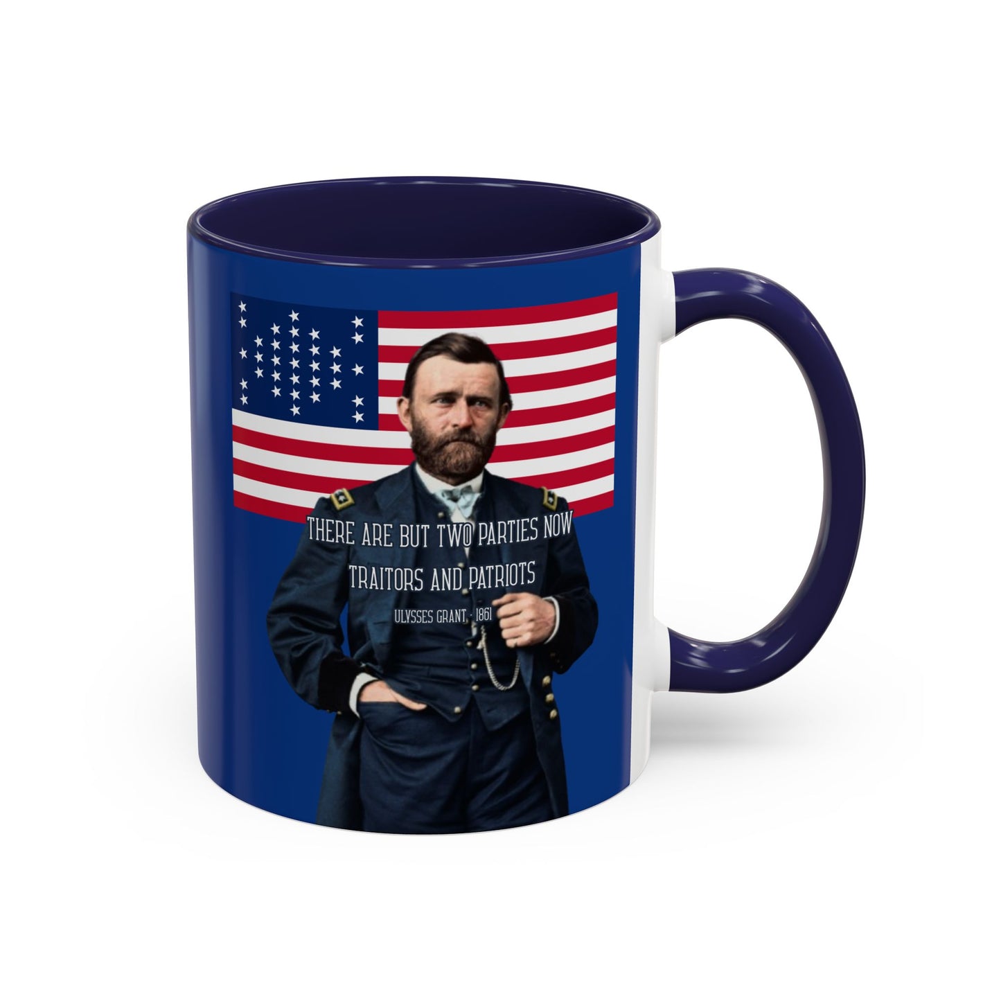 "Traitors and Patriots" Ulysses Grant Dark Blue Accent Mug by theGreenDragonTavern.shop