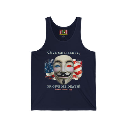 Vendetta, "Give me liberty, or give me death!" Unisex Jersey Tank Top by theGreenDragonTavern.shop