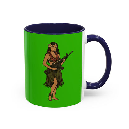 Hula Girl Packin' Heat Light Green Accent Mug by theGreenDragonTavern.shop