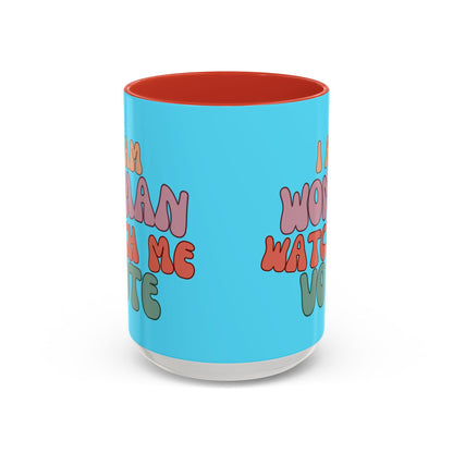 I Am Woman Watch Me Vote Light Blue Accent Mug by theGreenDragonTavern.shop